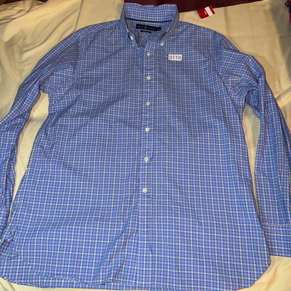 Ralph Lauren Mens L Blue Plaid 2-Ply Cotton Button Down Shirt
